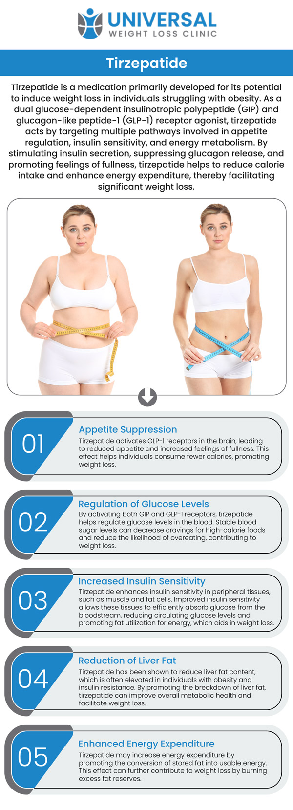 At Universal Weight Loss Clinic, we offer the latest treatment options for medical weight loss, including Tirzepatide. Our dedicated team works closely with each patient to tailor a treatment plan that includes Tirzepatide to help achieve sustainable weight loss. Tirzepatide is a groundbreaking medication that not only promotes weight loss but also supports long-term health improvements. For more information, contact us or request an appointment online. We are located at 2123 Niles St, Bakersfield, CA 93305. At Universal Weight Loss Clinic, we offer the latest treatment options for medical weight loss, including Tirzepatide. Our dedicated team works closely with each patient to tailor a treatment plan that includes Tirzepatide to help achieve sustainable weight loss. Tirzepatide is a groundbreaking medication that not only promotes weight loss but also supports long-term health improvements. For more information, contact us or request an appointment online. We are located at 2123 Niles St, Bakersfield, CA 93305.