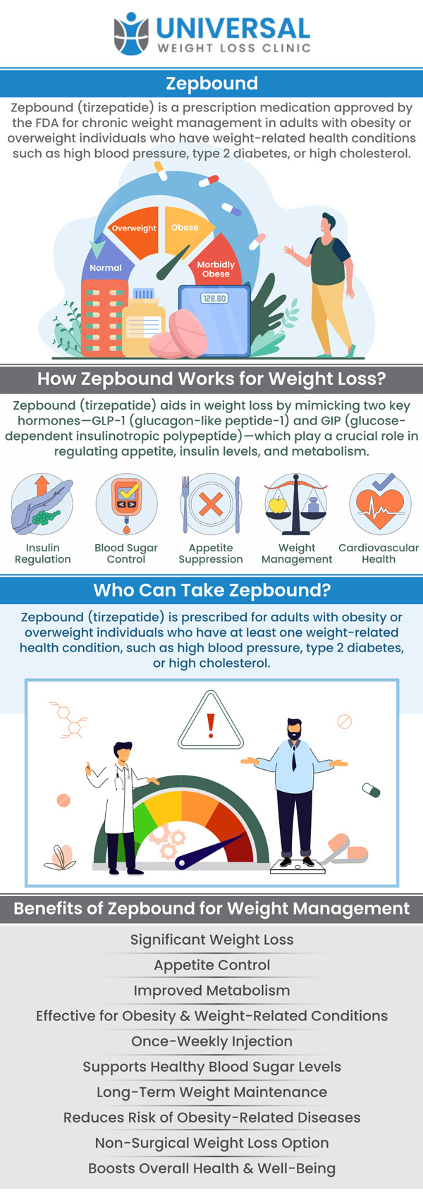 At Universal Weight Loss Clinic, our experienced team offers Zepbound injections as an innovative solution for weight loss. Zepbound is designed to help individuals manage their weight by improving metabolism and reducing appetite. Our specialists work closely with you to develop a personalized treatment plan, ensuring the injection is tailored to meet your specific health needs and weight loss goals. For more information, contact us or request an appointment online. We are located at 2123 Niles St, Bakersfield, CA 93305. At Universal Weight Loss Clinic, our experienced team offers Zepbound injections as an innovative solution for weight loss. Zepbound is designed to help individuals manage their weight by improving metabolism and reducing appetite. Our specialists work closely with you to develop a personalized treatment plan, ensuring the injection is tailored to meet your specific health needs and weight loss goals. For more information, contact us or request an appointment online. We are located at 2123 Niles St, Bakersfield, CA 93305.
